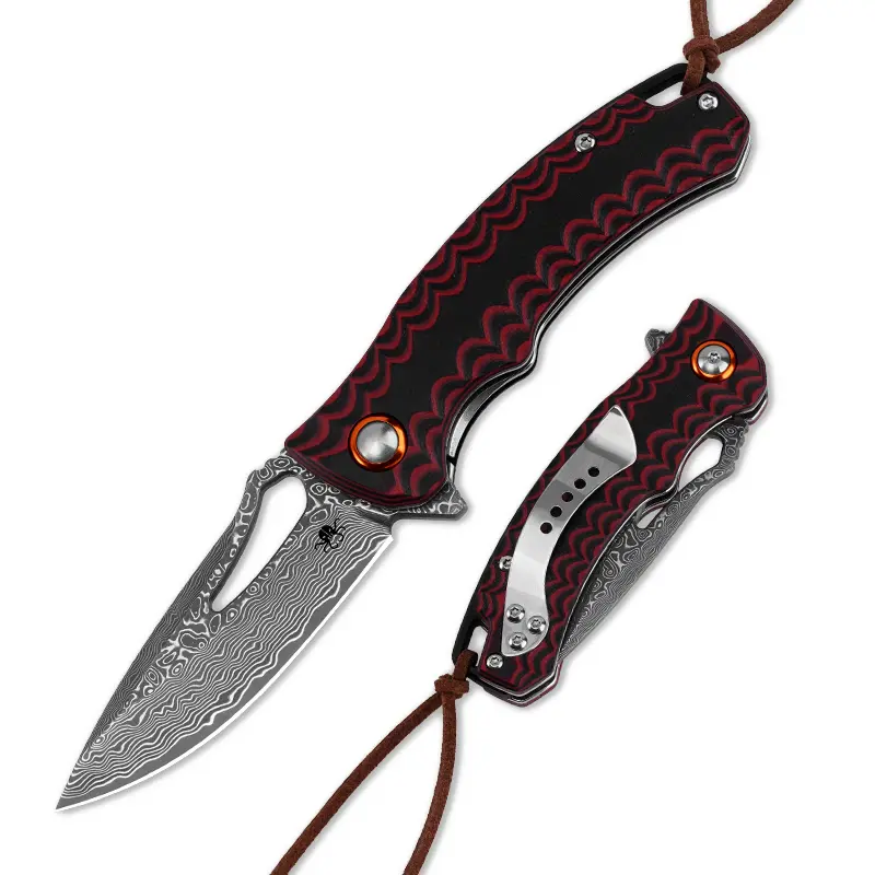 KLAKEN J390 Tidekin Damascus Steel Pocket Knife with Dual G10 Grip and Liner Lock, Compact 2.75" Unisex EDC Tool for Hiking, Knives, Folding Pocket Knives, 2.75" Blade
