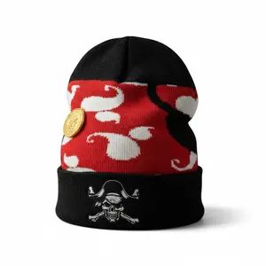 Pirate Handcrafted Beanie with Gold Piece of Eight Accent Embroidered Logo & Eye Patch Motif for Bold Style