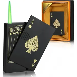 Green Flame Ace Card Poker Design Jet Torch Lighter - Metal, Windproof, Refillable Butane Lighter, Candle Accessory Gadget for Camping & BBQ, Novelty Gift for Men (Gas Not Included)