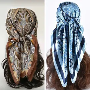 Luxury Silk Scarf Set 2-Pack Brown & Blue Paisley Design with FREE Evil Eye Necklace Headwrap Hair Scarf Accessory Gift Bundle for Women