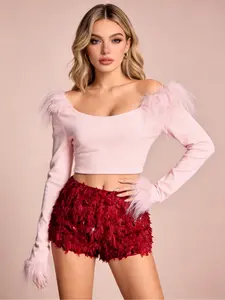 Women's Feather Sequin Mini Shorts Bottoms, Party Holiday Wine Party Vacation Casual Christmas Valentine's Day Music Festival Multi-Occasion Wear Womenswear