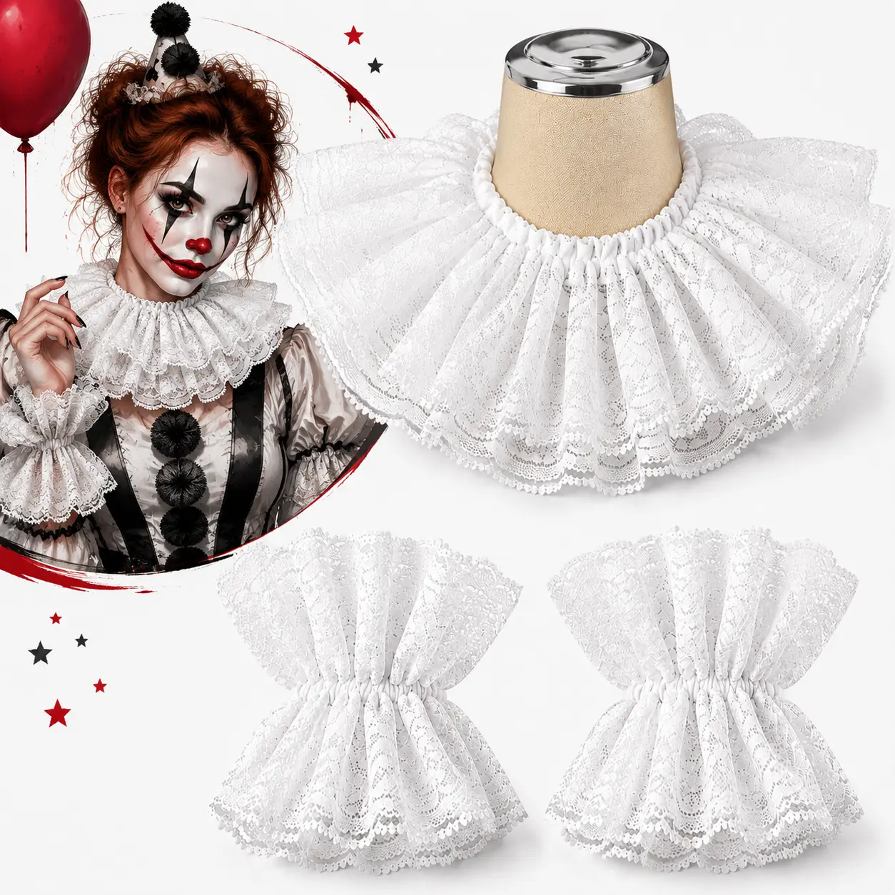 Black-White Carnival Vintage Lace Ruffle Collar and Cuffs Set, Gothic Victorian Cosplay Props for Halloween Party Festive Supplies