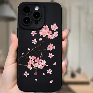 A black and red cherry blossom patterned TPU shockproof case with precise cutouts, full protection, suitable for iPhone 17/16/15/14/13/12/11/X/XS/Xs Max/12.13 Mini/16E, a holiday gift for friends, family, and yourself., Cover, Accessories, Casing, Protect