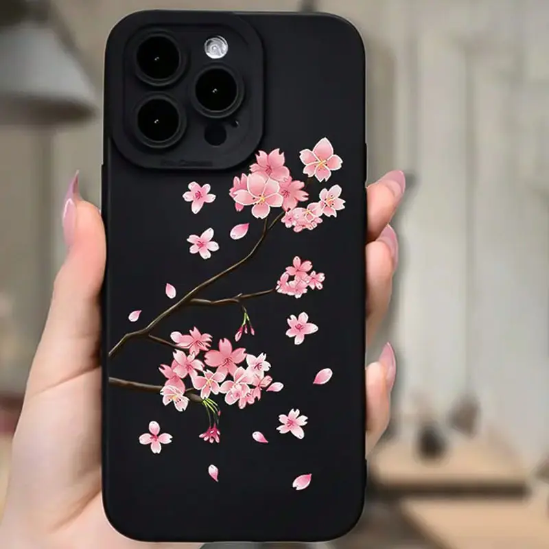 A black and red cherry blossom patterned TPU shockproof case with precise cutouts, full protection, suitable for iPhone 17/16/15/14/13/12/11/X/XS/Xs Max/12.13 Mini/16E, a holiday gift for friends, family, and yourself., Cover, Accessories, Casing, Protect