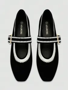 Women's Square Toe Mary Jane Flats Shoe, Rubber, Artificial Suede Embroidered Edge, Buckle Detail, Vintage Elegant Style Footwear