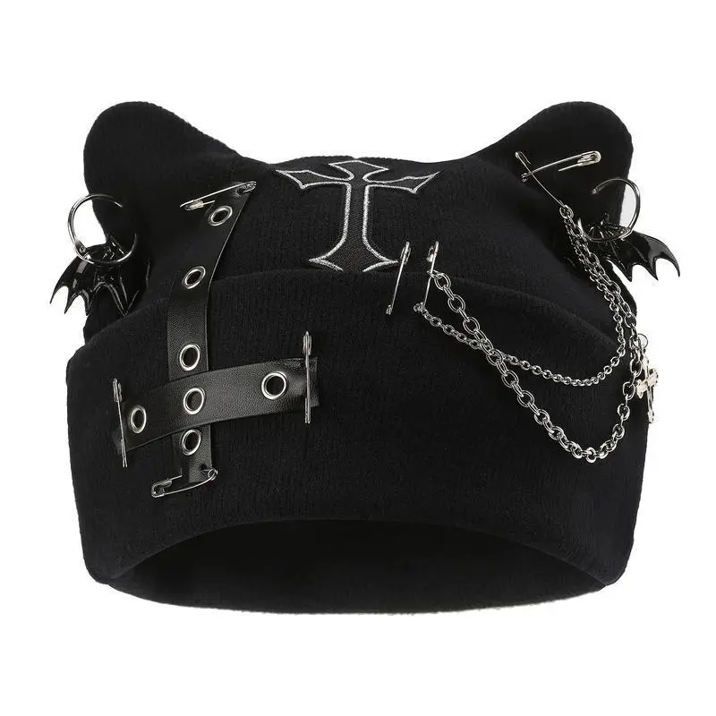 Unisex Gothic Punk Cat Ear Knit Hat - Soft Black Winter Emo Grunge Hat, Men's Accessory with Punk Chains, Bat Charm, Heart Detail, Adjustable Size, Machine Washable Streetwear Accessory for Warm Casual Wear, Men's Accessories