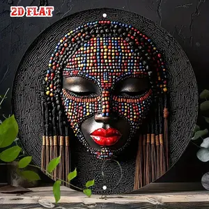 2D Flat 1pc African Mask8*8 Round Aluminum Sign, Traditional Art Round Aluminum Sign, Bead Craftsmanship Metal Tin Sign - Colorful Beads Rustic Metal Wall Art, Metal Decor, Wall Decor Signs  Caf Ornaments Artistic8*8 Decoration