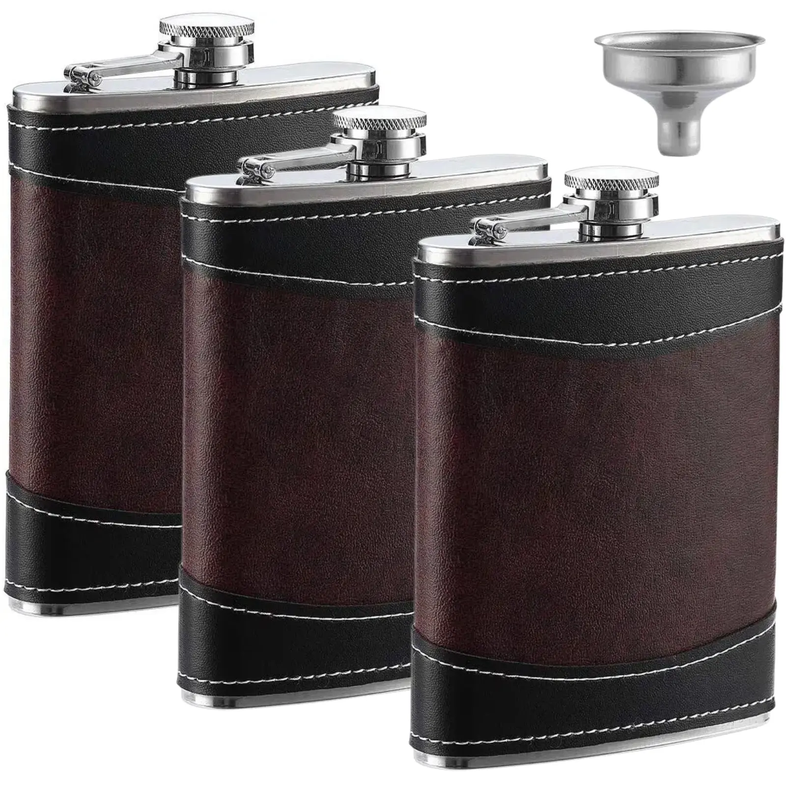 3 Pack Leather Hip Flasks for Men, 8 oz Leak Proof Stainless Steel Drinking Flasks with Funnel, Soft Wrap Whiskey Vessels for Wedding Gifts, Brown