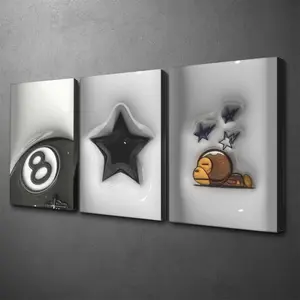 3pc-Hypebeast Wall Art, Black Star and 8 Ball Poster, Street Pop Art Printing, White and Black Canvas Material Decoration, Living Room & Bedroom Aesthetic, Perfect Gift For Billiards Lovers, Unframed.