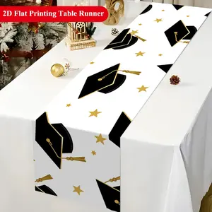 2D Table Runner, Graduation Hat and Stars Polyester Tablecloth, Festive Festival Party Table Cover, Home Decor, Dining Table Decoration, Gift