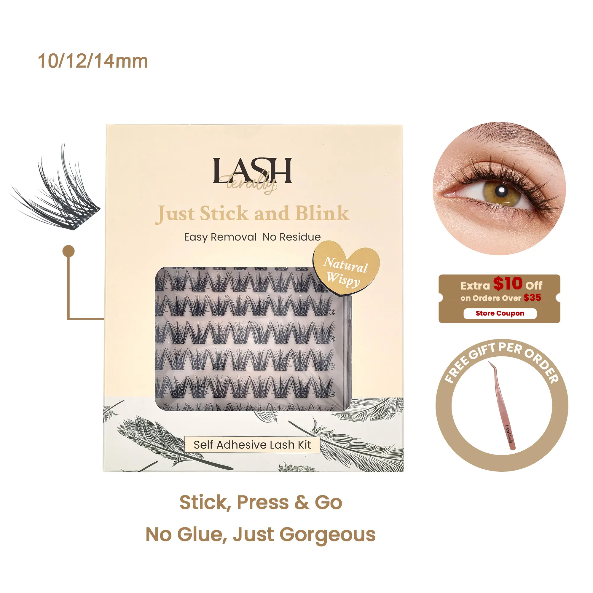 Lashterally Natural Wispy Self-adhesive Lash Clusters Kit Pre-glued Eyelashes Cluster Easy Apply Easy Removal 10mm/12mm/14mm 90 Clusters Makeup Cosmetic Flawless Bubble Mailers Paper Envelope