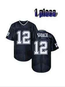 Men's American Football Throwback Jersey 12 Blue Vintage Embroidered Casual Training T-Shirt, Sporty V-Neck Short Sleeve, Loose-Fitting All Seasons Sports Jersey, Stylish Jersey