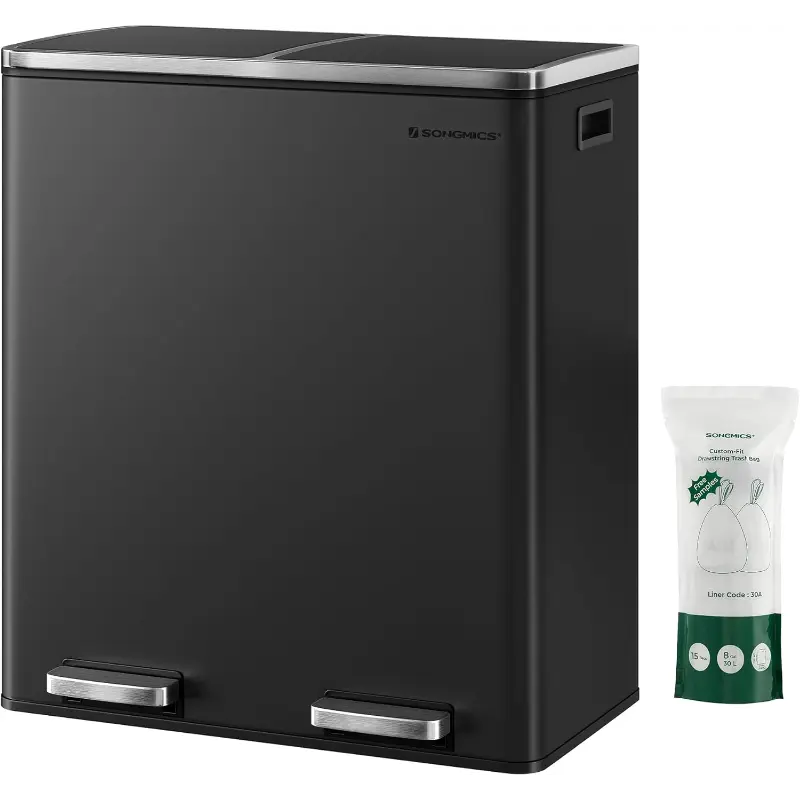 Trash Can, 2 x 8 Gallon (2 x 30 L) Garbage Can for Kitchen, with 15 Trash Bags, 2 Compartments, Plastic Inner Buckets and Hinged Lids, Airtight, Silver and Black ULTB60NL
