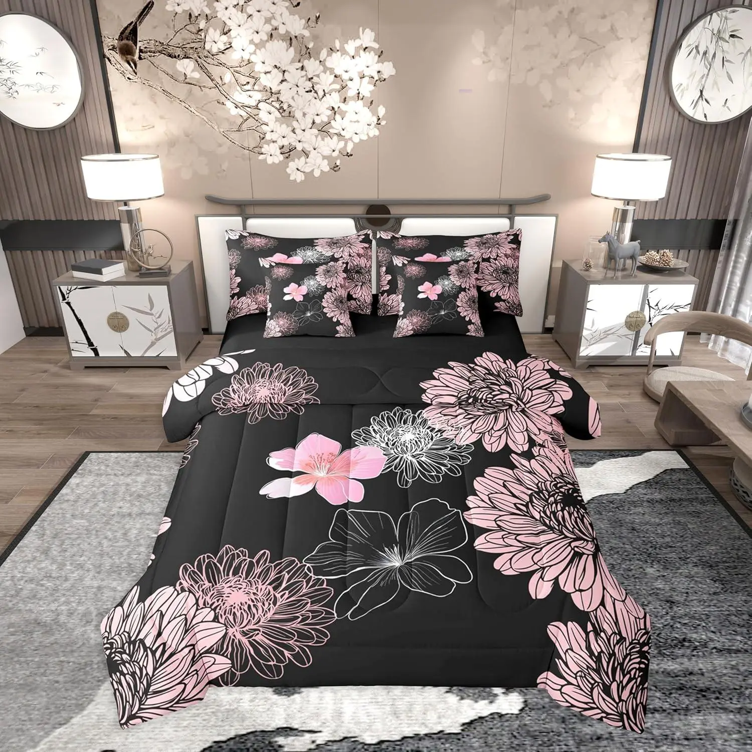 Feelyou Women's 7-Piece Ultra Soft Boho Floral Print Pink Black Comforter Bed Set - Multi-Size Romantic Vibe Japanese Bedding for Adults, Seven Pieces