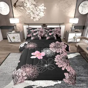 Pink Black Floral Boho Women Comforter Bed Set,7 Pieces Flowers Aesthetic Bed Bag,Japanese Romantic Bed Set,Adults Girls Bedding