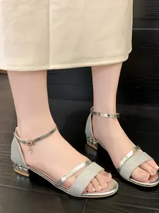 New Summer Rhinestone Gold & Silver Ankle-Wrap Fashion Trendy Sandals Footwear, Women's Roman Style with Ankle Strap Buckle, 3.5cm Mid Block Heel