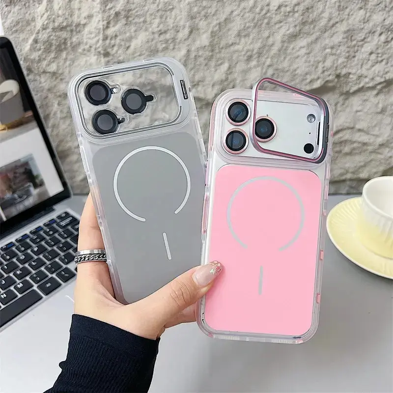 MagSafe Plastic Smartphone Case for iPhone Series (11/12/13/14/15/16/17 Standard, Pro, Pro Max) - Multi-Model Protection Accessories, 360-Rotating Magnetic Lens Bracket, Wireless Charging Compatible, Shockproof Hard Bumper, Full Drop Protector, Plastic+Tp