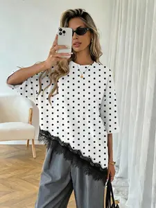 Women's Polka Dot Lace Patchwork Top, Fashionable Casual Blouse for Daily Commute, Home Wear, Ladies' Stylish