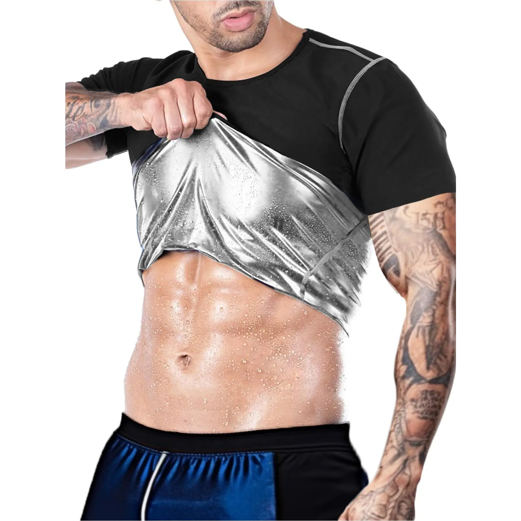 OLLAS Men's Sauna Compression Vest Shirt - Waistline Design, Sweat-Absorbent Quick Dry Fabric, All-Season Body Shaper, Durable Sleek Sportswear for Gym Training (Black, Golden), Xl
