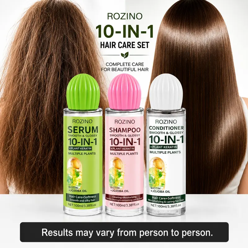 ROZINO Haircare Shampoo and Conditioner Mini Gift Set - 100ml*3 with Keratin, Biotin, Jojoba Oil Serum, Hydrating Daily Care for Most & Chemically Treated Hair, Back to School