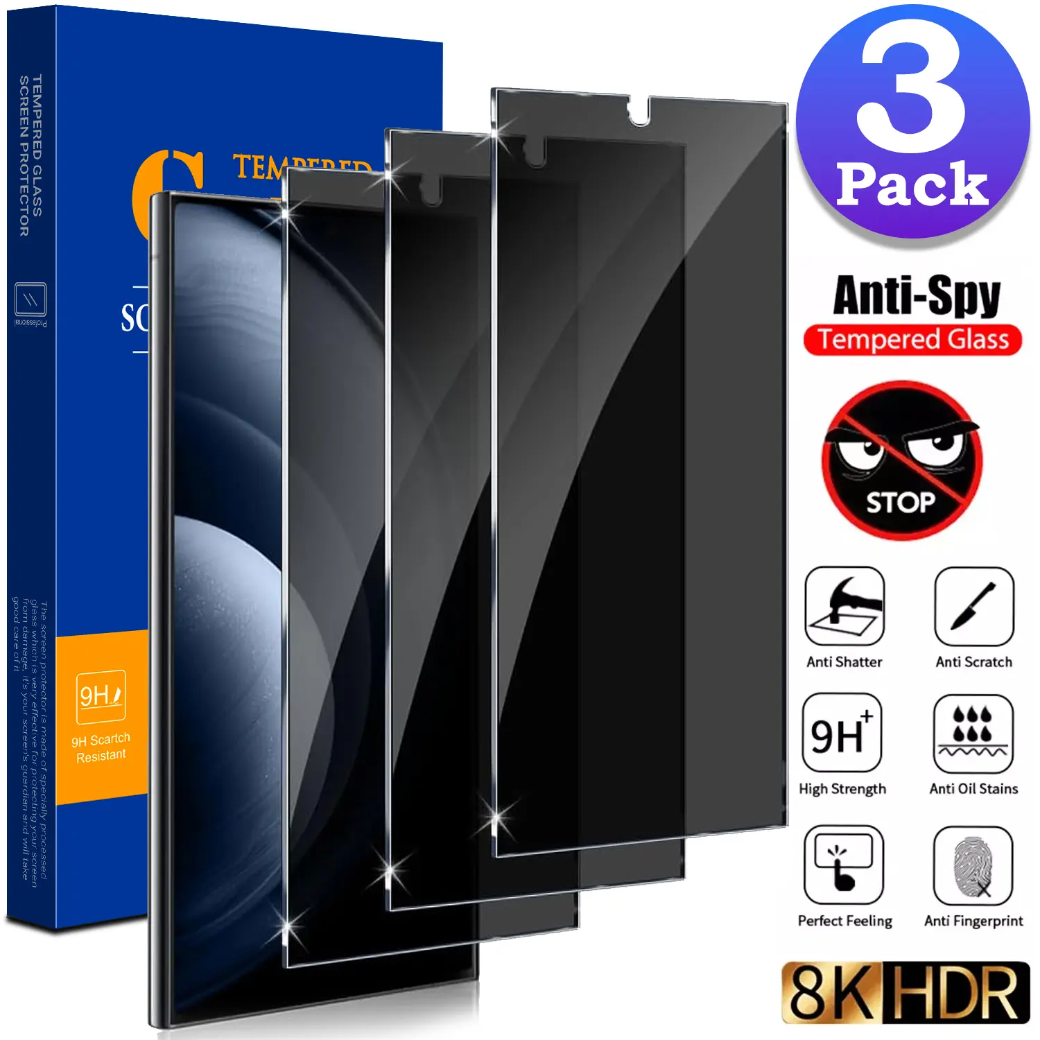 3 Pack Privacy Screen Protector for Samsung Galaxy S26 Ultra S26 Plus S26 S25 Ultra S25 Plus S24 Ultra S24 Plus S24 Anti-Spy Tempered Glass