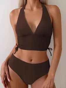 Brown two-piece bikini set with deep V-neck, halter neck, tie straps, and open back, sexy and casual for vacation and beach