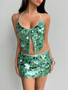 Women's Party Camisole Skirt Set English E-commerce Version Party Must-Have! Women's Shiny Sexy Camisole & Slim-Fitting Bodycon Midi Skirt Set Outfit - Suitable for Music Festival, Beach Vacation, Party, Gathering, Dance Wear