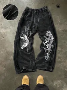 Unisex Washed Angel Cross Thorn Print Wide Leg Pants, Gothic High Street Style Loose Cotton Drawstring Long Pants, Couples Fall Winter Streetwear