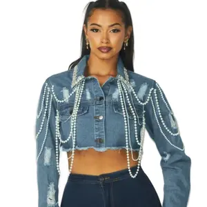 Drippin’ in Pearls Denim Jacket Collared Womenswear Soft 100% Cotton Breathable Button Closure Coats Tops