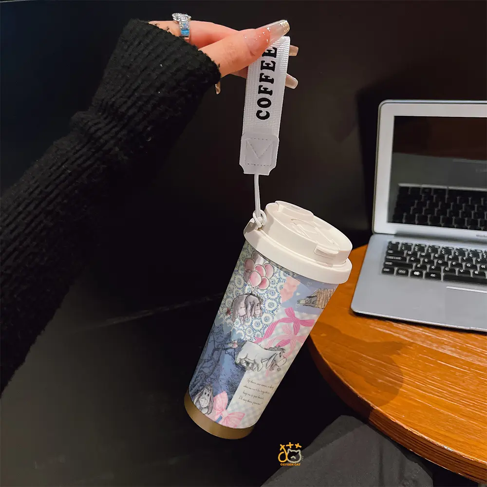 Coffee mug 530 ml / 17.92 oz insulated mug, Eeyore Watercolor Balloons Bow & Hearts Pattern Print, Double-walled, leak-proof, travel mug with handle, Vacuum insulated tumbler, Insulated Drinkware