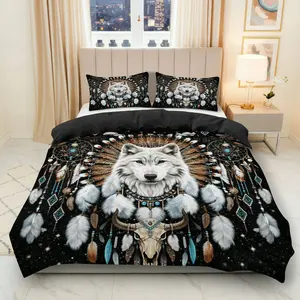 3PCS Duvet Cover Set, 1 Duvet+2 Pillowcases(Without filler), Native American Southwestern Bull Feather Dreamcatcher theme, Thanksgiving bedding set, Ethnic Rustic Stylish Suitable for decoration bedroom living room guest room hotel.