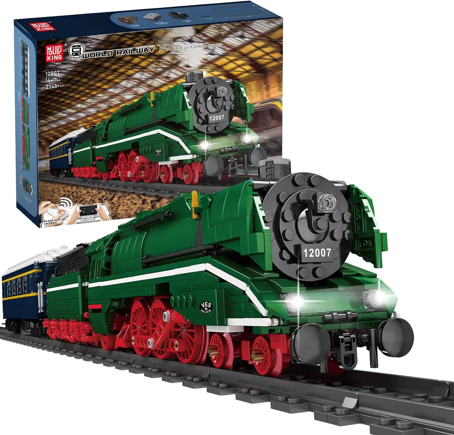 Mould King 12007 German Express Train Steam Locomotive Building Block Toy for Advanced Builders, 2348 Bricks, 86 cm, ABS Plastic, with LED Light Kit