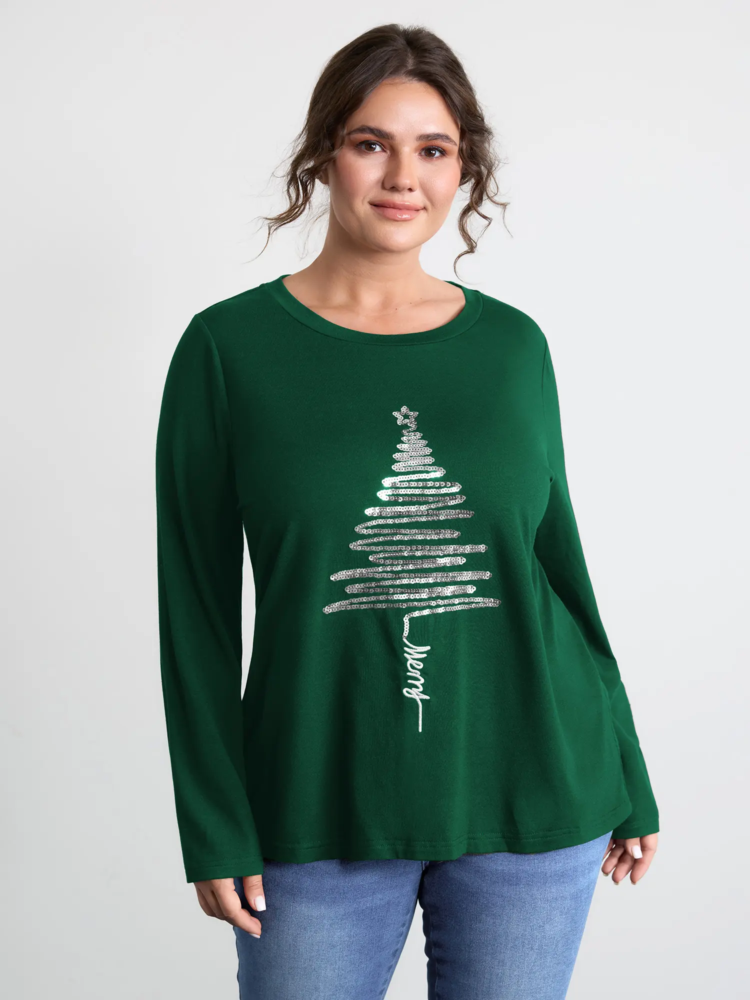 BloomChic Women's Plus Size Casual T-Shirt Tops, High-Stretch Spandex Blend, Round Neck, Extra-Long Sleeves, Sequin Tree Embroidery Detail, Summer Finds, Tshirt, Garment, Do Not Dry Clean, Comfy Casual, Elastane, Low Iron, Colorful Style, 22-24/3X, Hand W