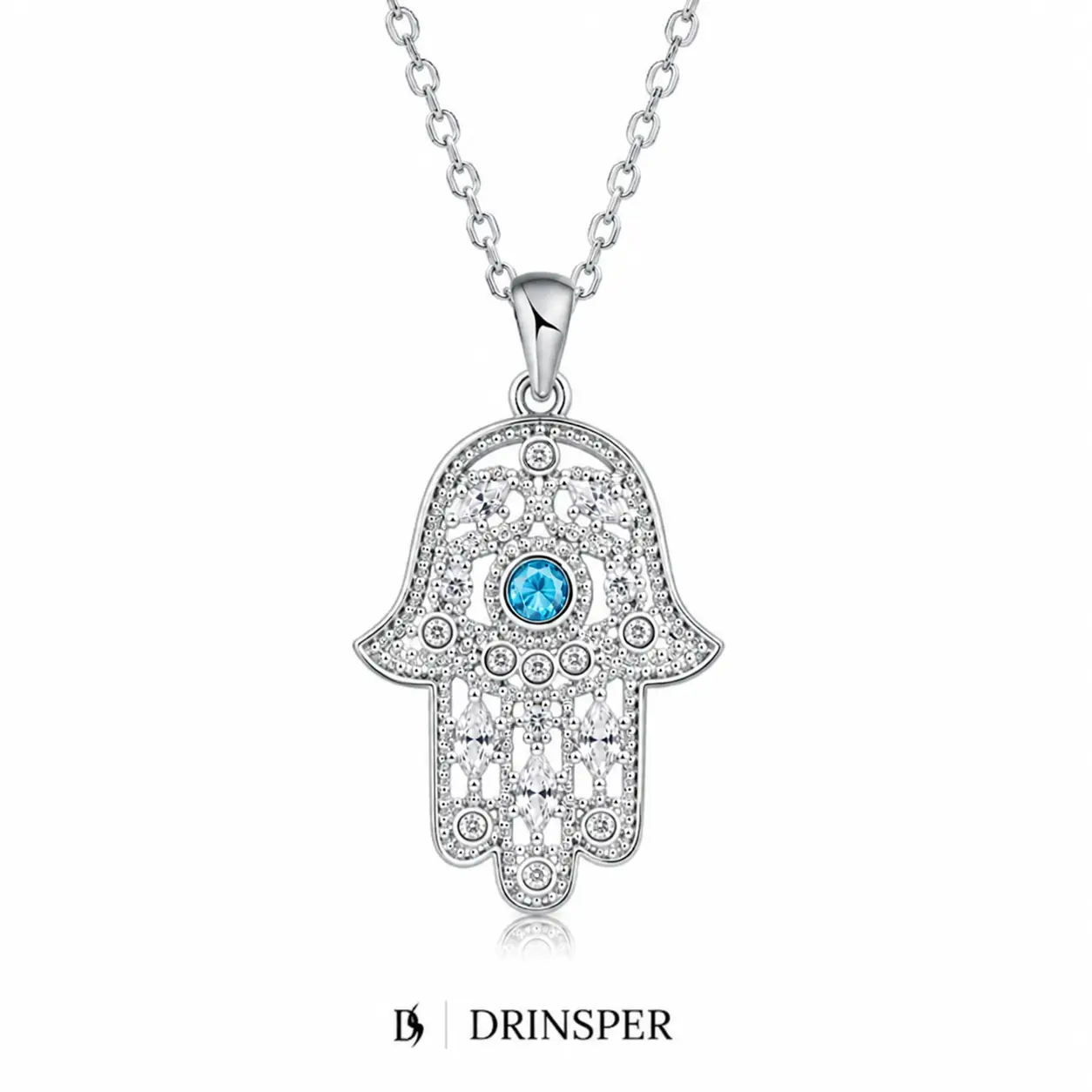 DRINSPER Women's Silver Plated Hamsa Hand Necklaces, Symbolic Protective Pendant with Cubic Zirconia and Simulated Birthstone, Meaningful Jewelry Gift, Copper Base, Crystal Accents, Everyday Wear, Hamsa Hand Motif, Fantasy Theme, Protective Charm, 16Mm