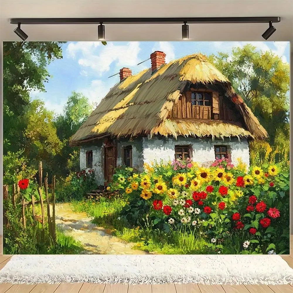 1pc Vintage European Garden Polyester Event Backdrop - Rustic Cottage & Sunflowers Design, 39.3X59 Inch / 100Cmx150cm 70.8X90.6 Inch / 180Cmx230cm Sizes, Easy-Clean Durable Fabric Banner - Ideal for Photo Shoots, Anniversary Use (Indoors/Outdoor)