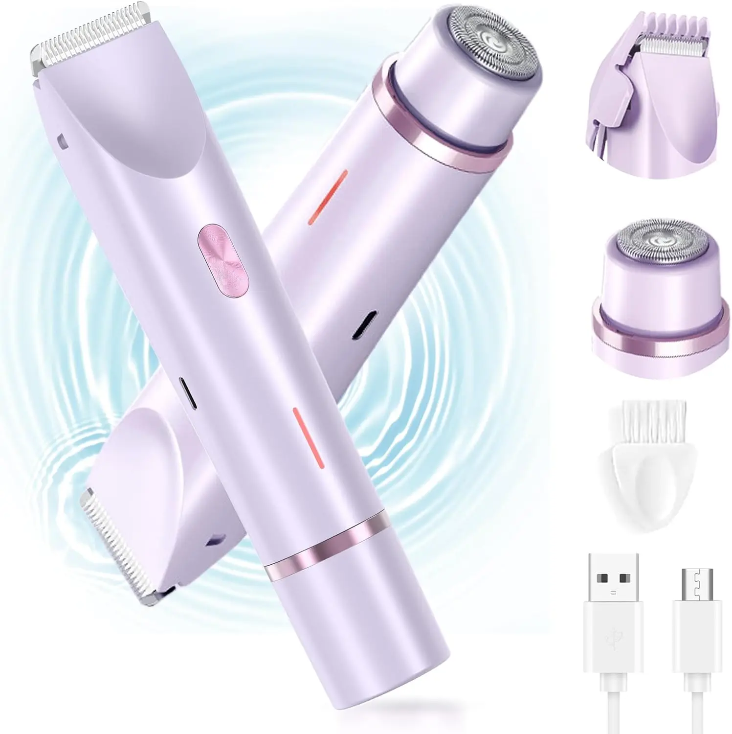2-in-1 Electric Shaver for Women, Waterproof Facial Hair Remover & Body Trimmer, Rechargeable Lady Razor with Dual Heads for Face Legs Arms Underarms Bikini Area Wet & Dry Use