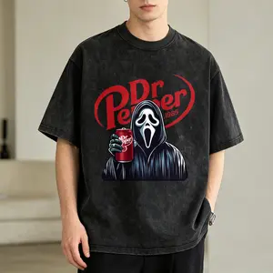 Men's Vintage Washed T-Shirt Dr Pepper Ghost Holding Can Oversized Graphic Tee Outdoor Casual Short Sleeve