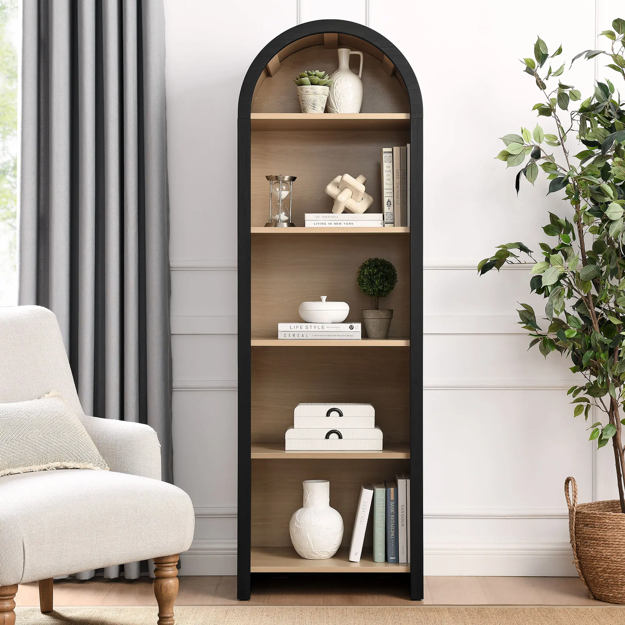 Evie Modern Arched Narrow Bookshelf - Black Indoor Furniture for Living Room Organization