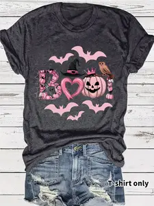 Women's Summer Casual Fitted Round Neck Short Sleeve T-Shirt, Halloween Witch Print, Breathable Comfort, S-Xxl Sizes Available