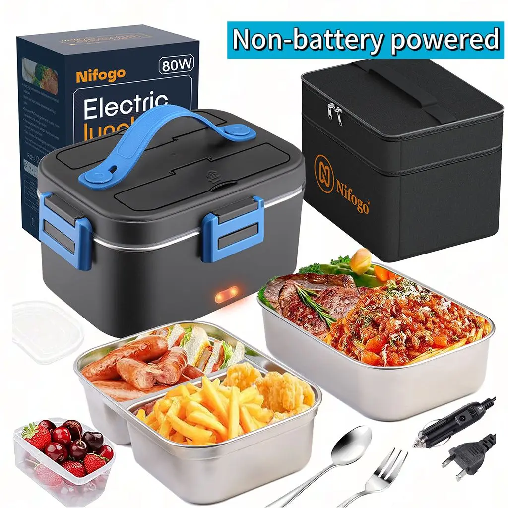 Nifogo Electric Lunch Box Food Heater 100W Portable 1.8L Stainless Steel Container for Adults Office Truck Car with Utensils & Insulated Case Classic Black
