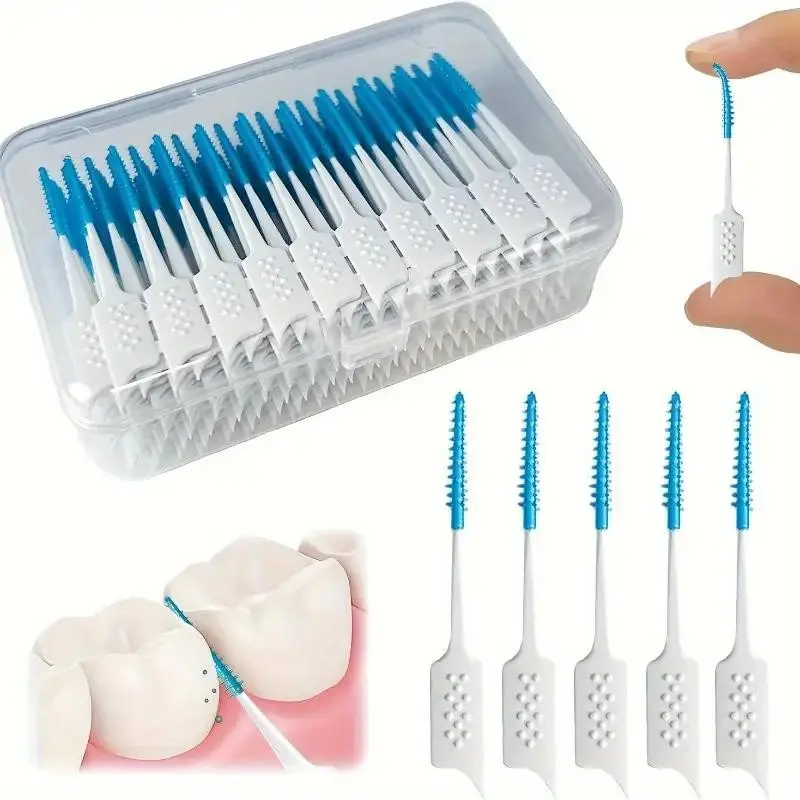 Mint Flavor Dental Floss Picks 100 Pieces, Mini Interdental Brushes, Interdental Flosser, Soft Rubber Oral Cleaning Tools, Tooth Gap Cleaners