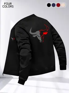 Men's Fashion Casual Jacket, Colorblock Bull Head Print, Regular Fit, Long Sleeve, Zipper Coat for Sports & Outdoor Activities, Casual Fashionable Jacket
