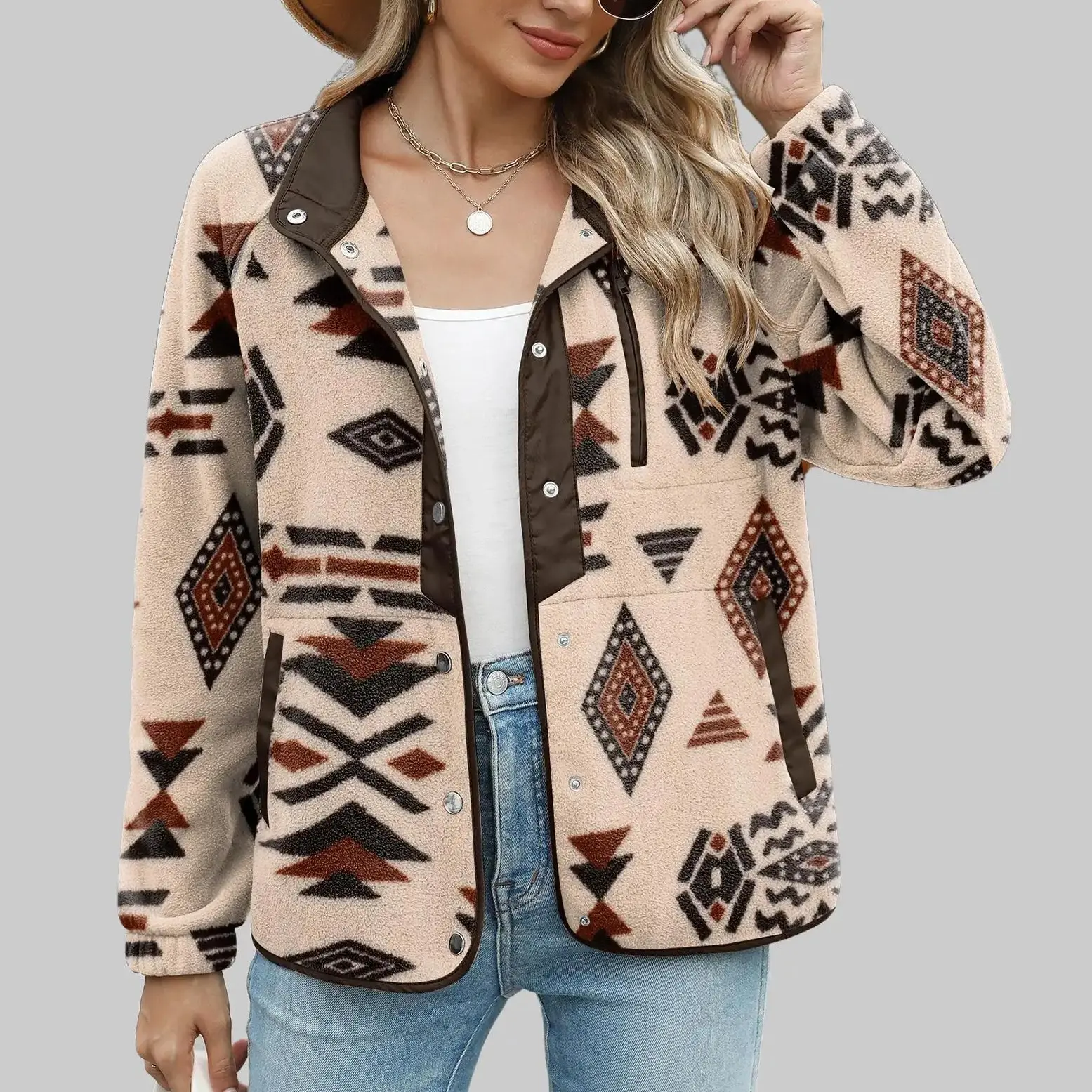 ZEAGOO Women's Western Aztec Print Soft Fleece Warmth Jacket - Stand Collar, Loose Fit, Snap Button-Down, Pocketed Outdoor Western Clothes (Skirts Styling Option) for Casual Street Wear, 100% Polyester, Fabric
