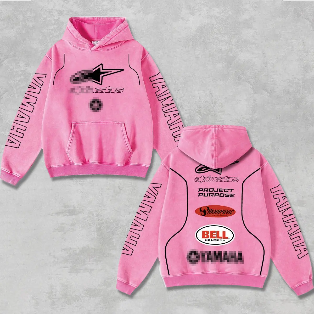 Retro Akrapovic Project Purpose Racing Hoodie Washed Pink, Motor World Championship Enthusiast, Motorcycle Off-Road Dirt Bike Graphic Streetwear, Heavyweight Biker Sweatshirt, Retro Moto Gear Motorbike Apparel Women’s Grunge Y2K Racing Jacket Style
