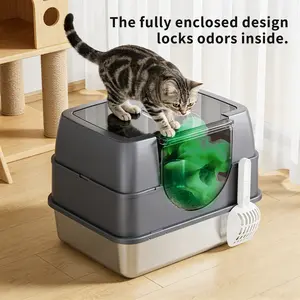 Stainless Steel Litter Box with Lid,Front Entry Top Exit Kitty LitterBox,Extra Large Enclosed Metal Cat Box with Litter Scoop & Litter Mat-Black