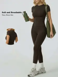 Two piece set women's loungewear set crew neck short sleeve long pants fitness sports suit breathable soft nylon fabric solid color seamless yoga outfit Fitness Outfits high stretch slim fit comfortable for daily home wear ladies casual pajama set