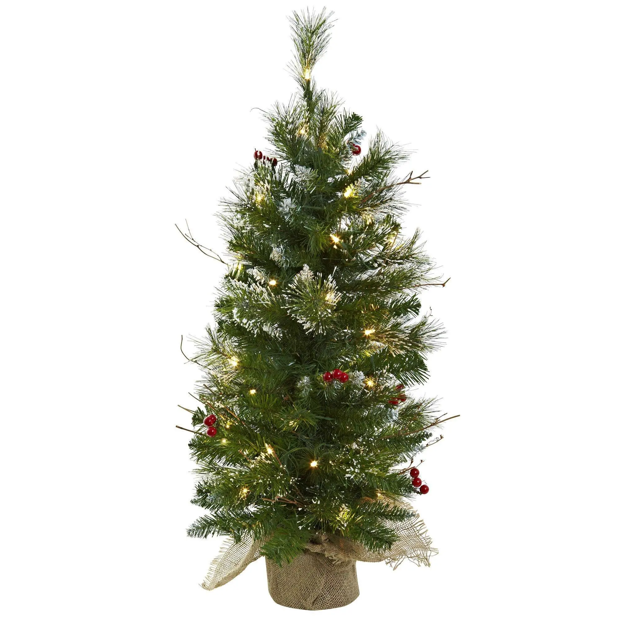 3ft High Colorful Lights Artificial Leaves Christmas Tree with Berries, Burlap Planter - Waterless Indoor Holiday Decorative Lights, Artificial Leaves Christmas Decor for All Ages, Festive Home Greenery Supply