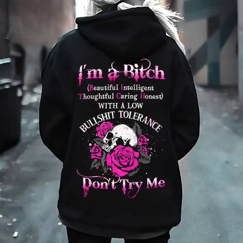 Women's Soft Cotton Fit Hoodie - Skull Rose Graphic Sweatshirt, Bad Girl Attitude Casual Lightweight Garment, Low BS Tolerance Everyday T-Shirt Alternative Gift