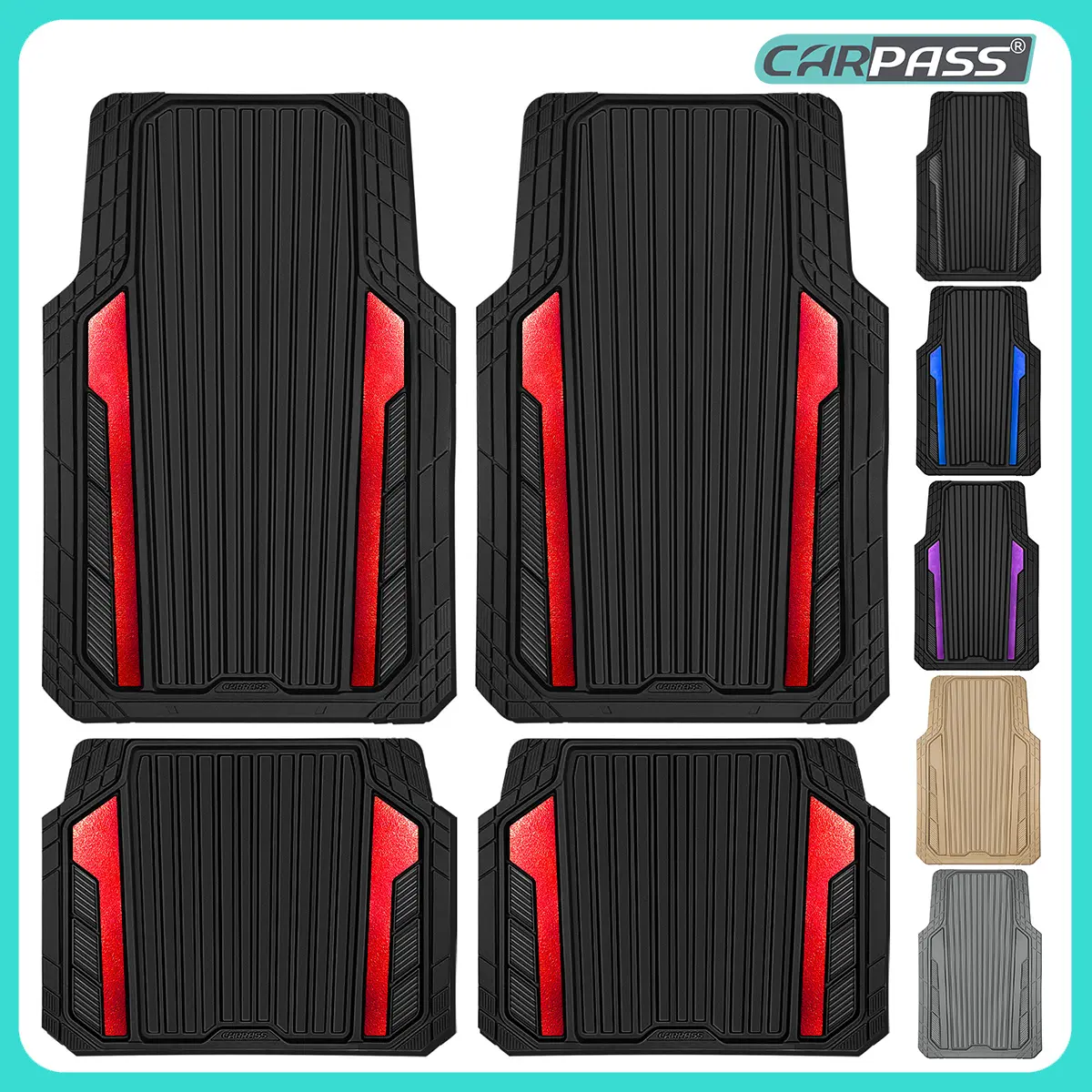 CAR PASS Durable Sporty Rubber Car Mats,Waterproof Anti-Slip Automotive Mats,Deep Dish All Weather Car Floor Mats Full Set, Rugs Trim to Fit for 95% Sedans SUVs Vans Trucks