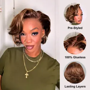 [New In] BGMgirl Brown Highlight Blowout Short Bob Straight 7x5 Lace Wear Go Wig Pre-Styled C Part Design 180% Density Pre-cut Lace Pre Plucked Hairline Glueless Human Hair Wig Fashion Look summerwins